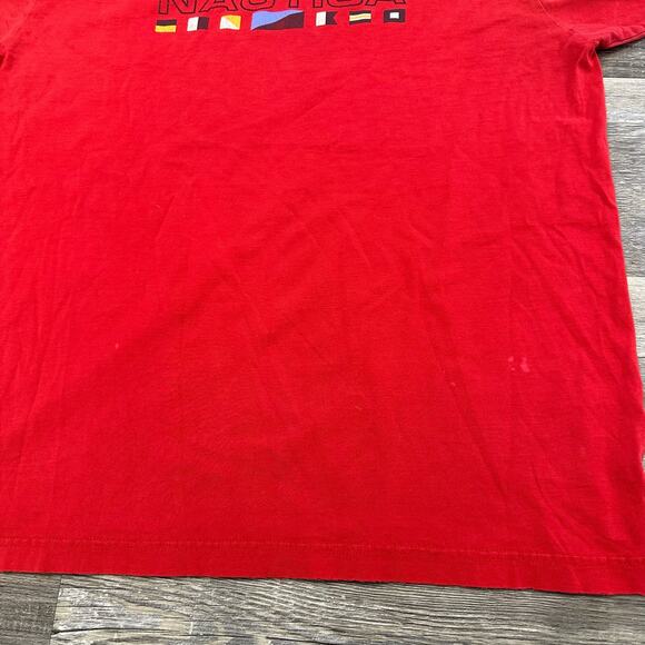 Vintage Nautica  T-Shirt Bright Red Mens L Brand Logo Spellout Flags Graphic 90s - Picture 10 of 10